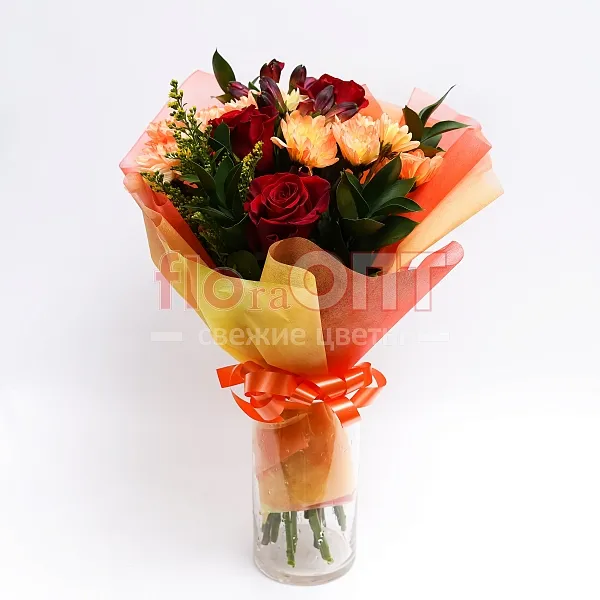 Букет № 395 с крашеной хризантемой и розами  — фото 1