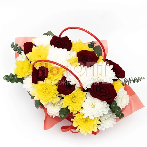 Композиция № 217 с хризантемой и розами в сумочке — фото 3