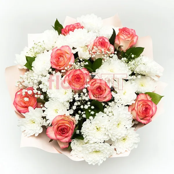 Букет № 522 с розовыми розами и белой хризантемой  — фото 2