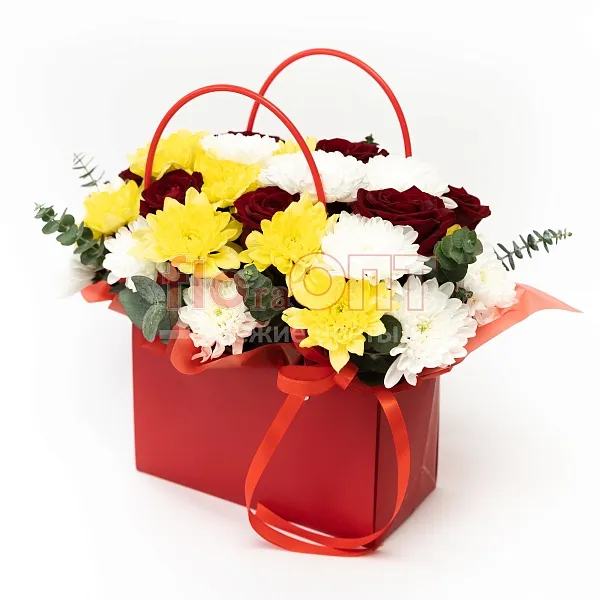 Композиция № 217 с хризантемой и розами в сумочке — фото 1