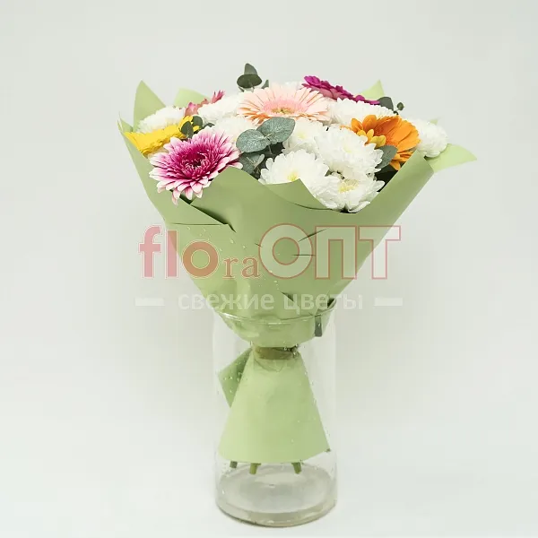 Букет № 523 с разноцветными герберами и хризантемой  — фото 1